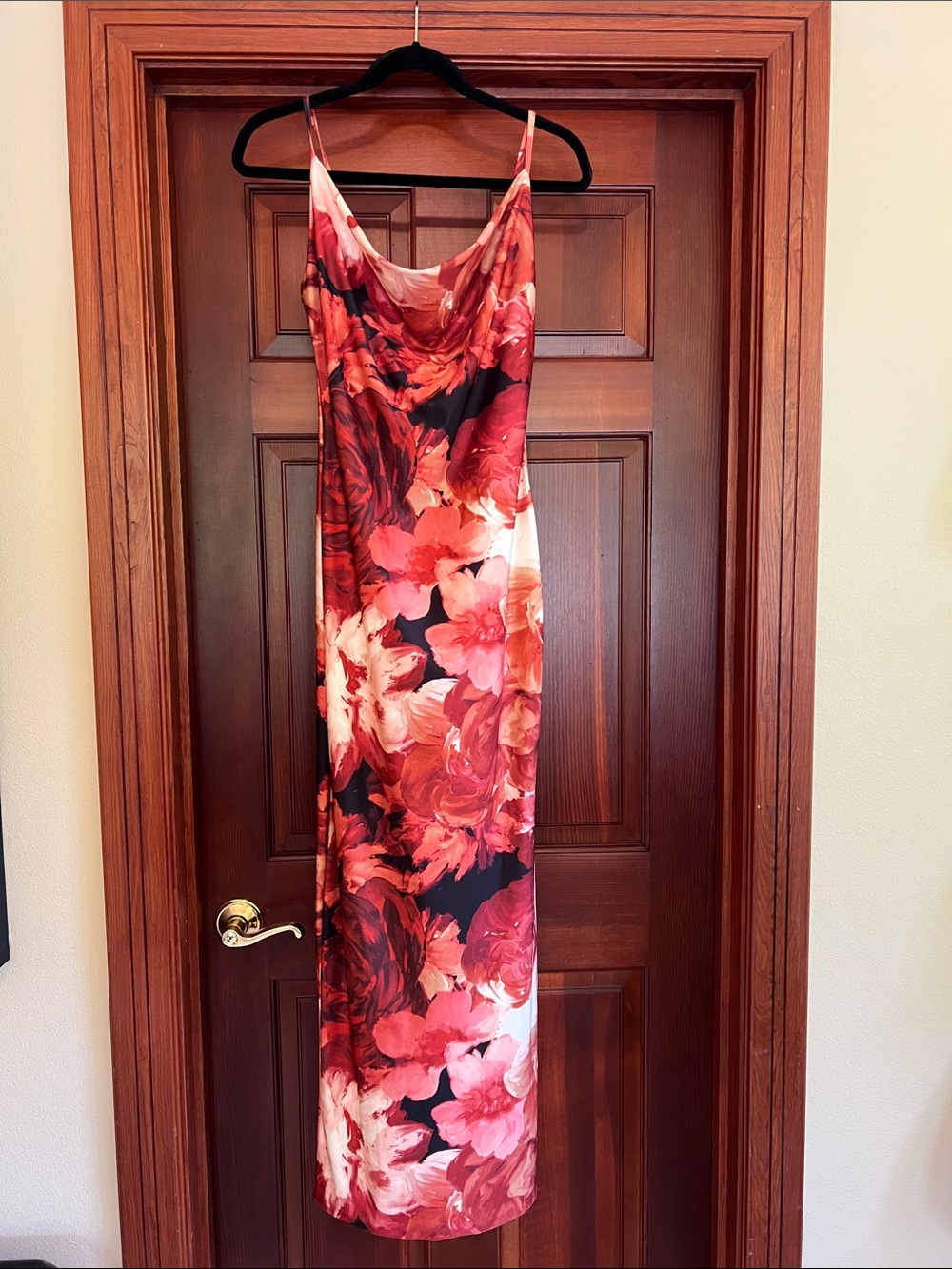 iris Black and Red Floral Cowl Neck Maxi Dress